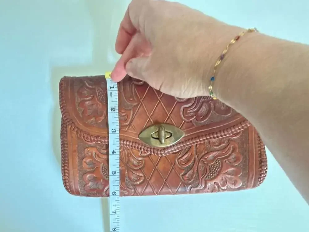 Vintage Hand-Tooled Floral Leather Clutch Purse with Turn-Lock Closure